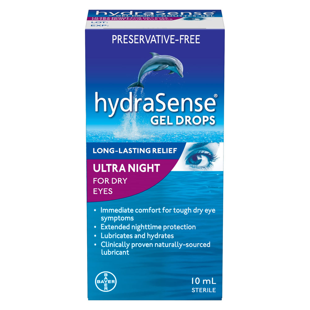 HydraSense Night Therapy gel drops bottle front view for soothing dry eye relief.