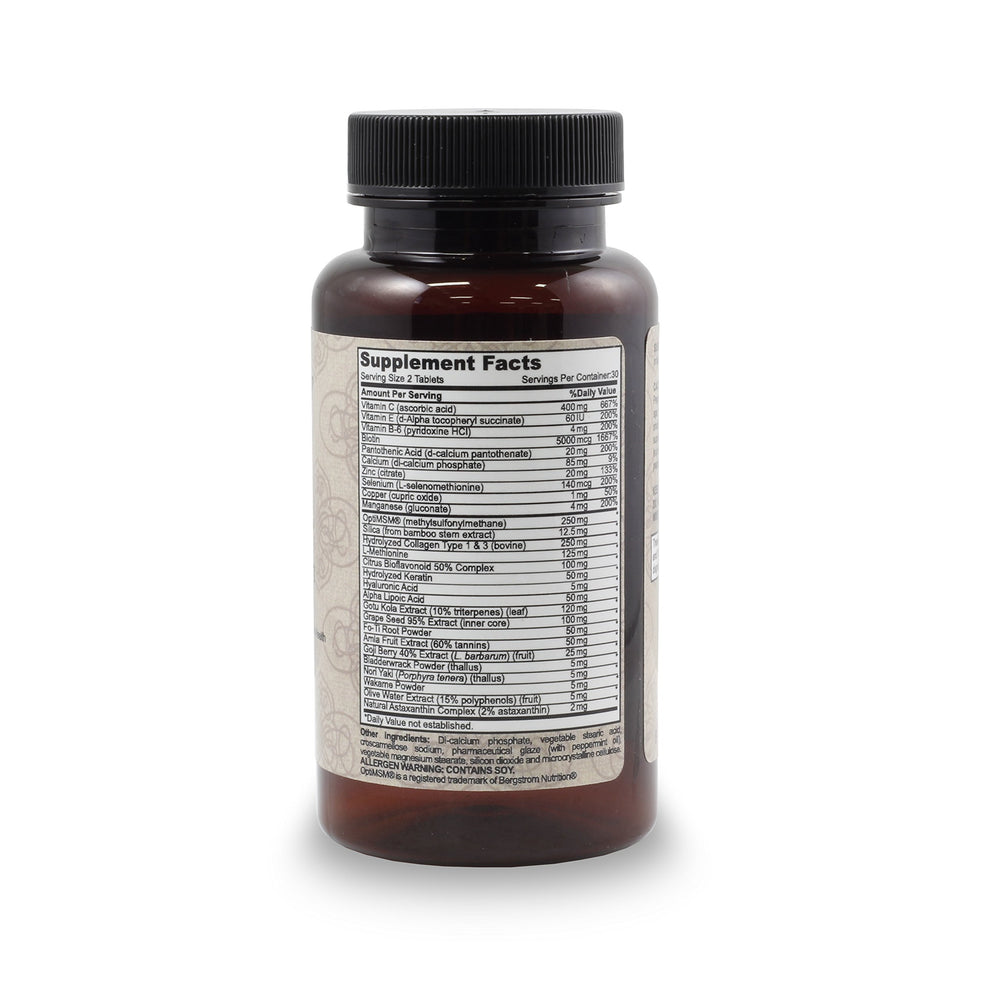 Hydratherma Naturals Hair Growth Plus tablets beside herbs and vitamins for nourishment.