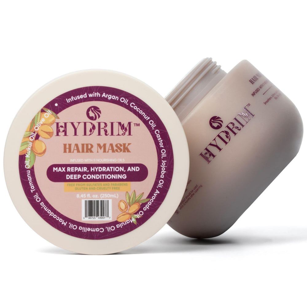 Hydrim bottle of botanical hair mask with argan oil for deep conditioning.