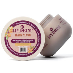 Hydrim bottle of botanical hair mask with argan oil for deep conditioning.