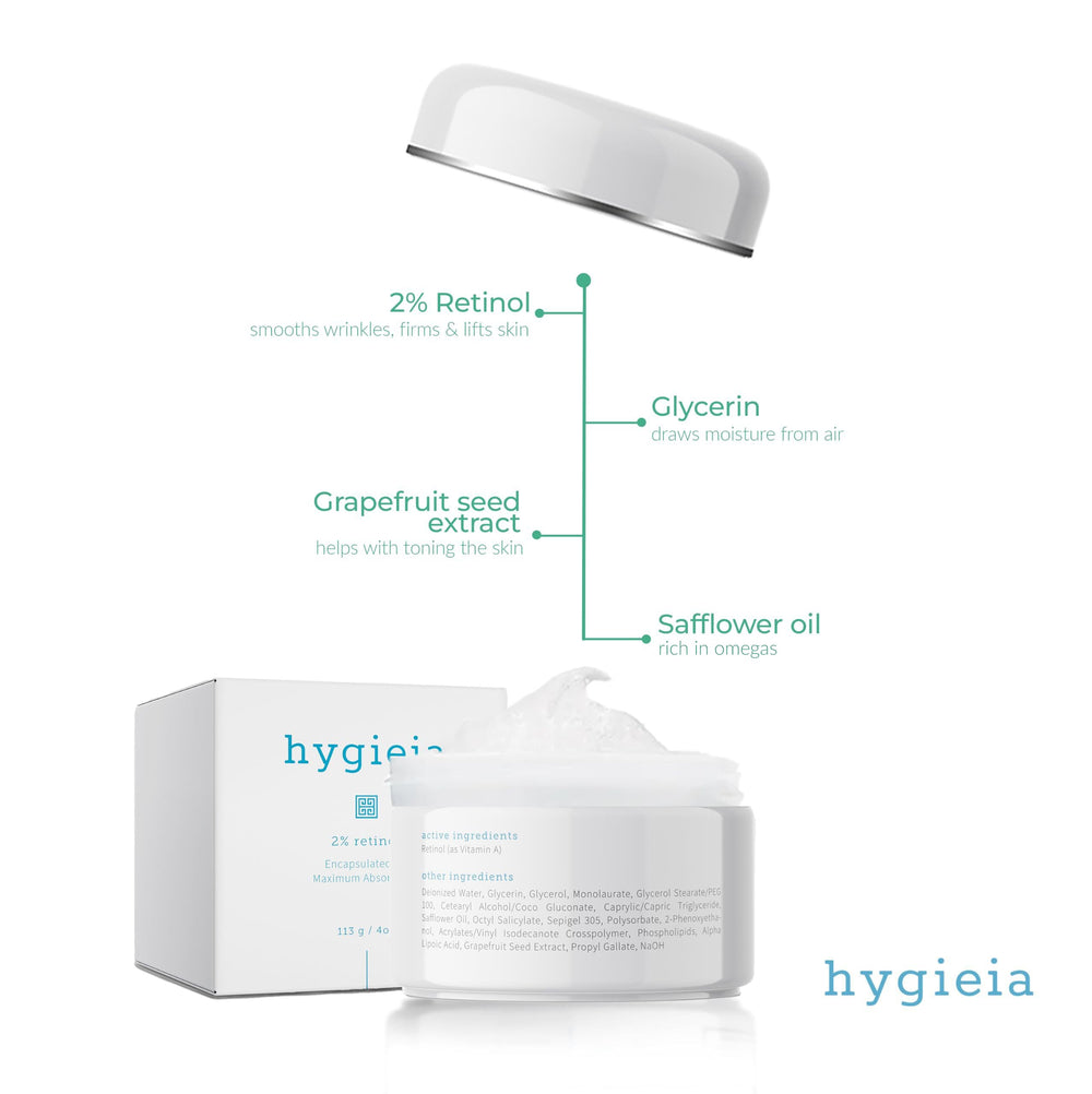 Hygieia + Retinol cream being applied to skin for smooth absorption.