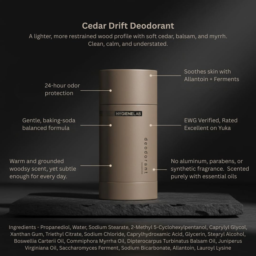 HygieneLab Cedar Drift packaging close-up highlighting clean, non-toxic ingredients.