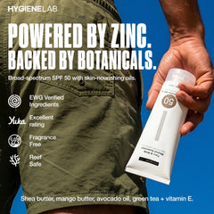 HygieneLab sunscreen spread on skin shows a sheer finish.