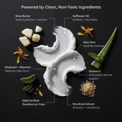 HygieneLab shaving cream with shea butter emphasizes deep hydration and skin comfort.