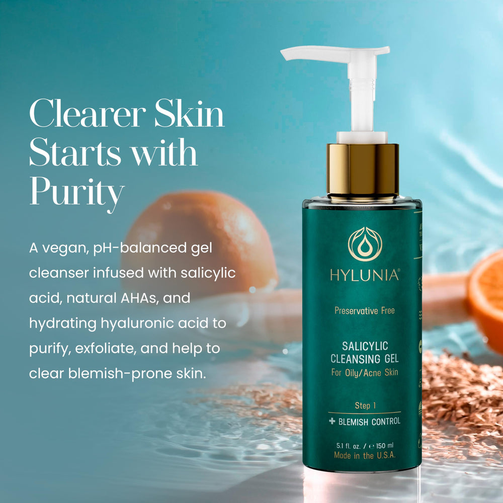 Hylunia Hyaluronic Acid hydration visual emphasizes moisturized, balanced skin post-cleanse.
