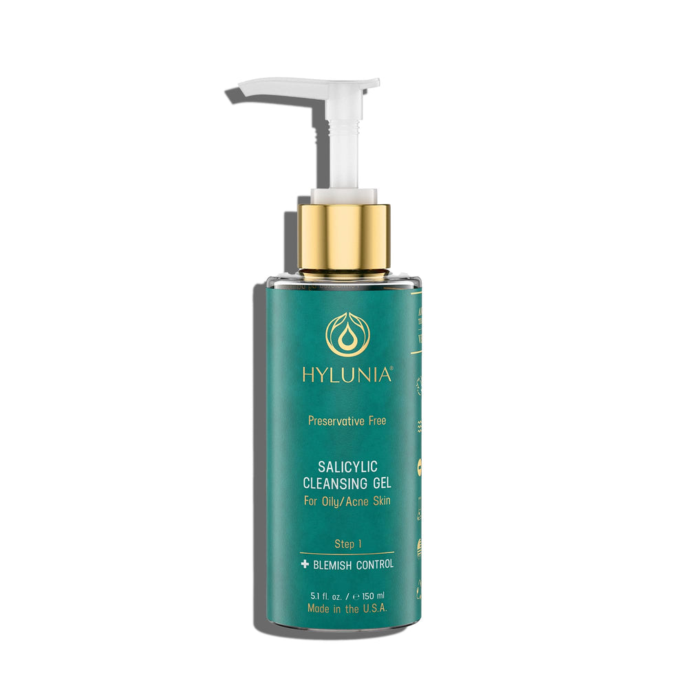 Hylunia Salicylic Facial Cleansing Gel bottle demonstrating deep pore cleansing for clearer skin.