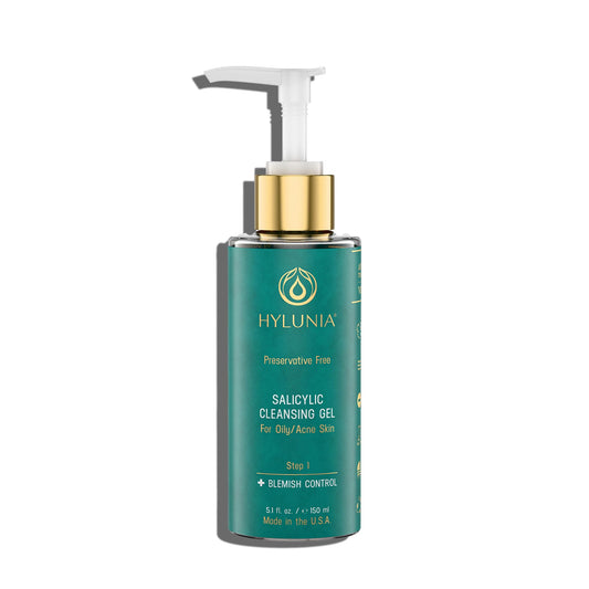 Hylunia Salicylic Facial Cleansing Gel bottle demonstrating deep pore cleansing for clearer skin.