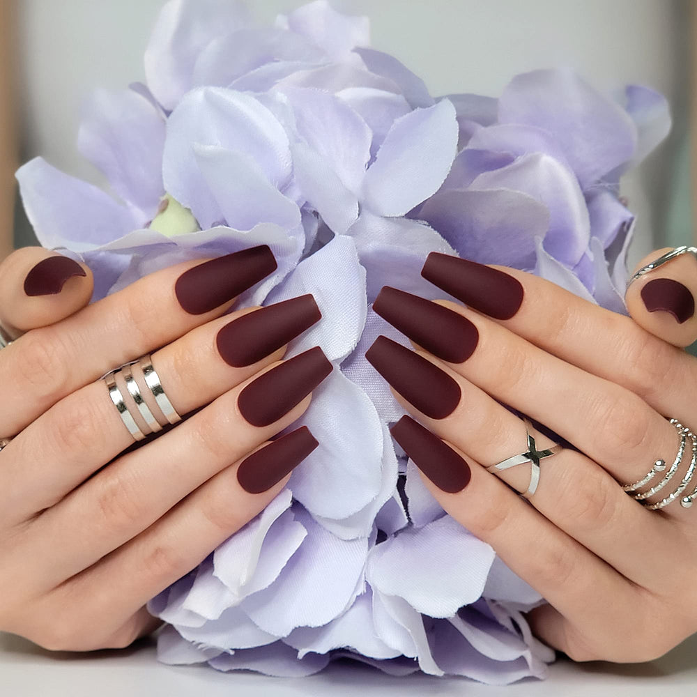 Hypnaughty maroon xtreme matte coffin nails available in 12 sizes for perfect fit.