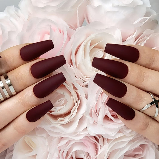Hypnaughty maroon xtreme matte coffin nails pack shot for at-home glam.