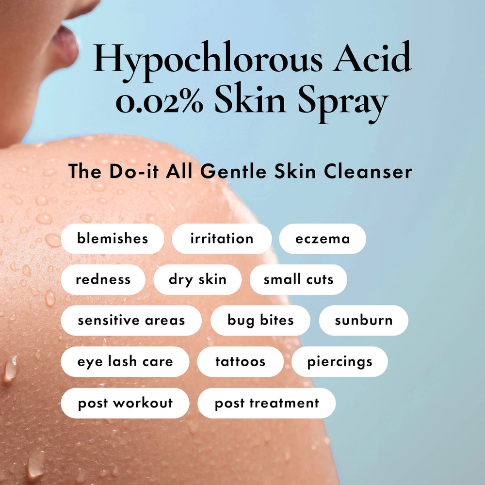 Close-up of the HypoClear spray misting the skin for calmness and balance.