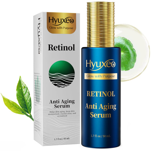 Hyuxeo Retinol Serum bottle on a clean surface for daily anti-aging care.