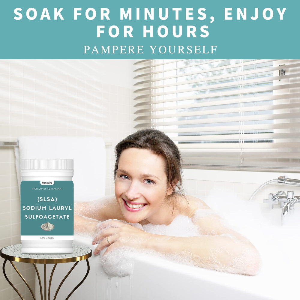 Pour-ready Hznxolrc SLSA powder for bubbly baths and DIY cosmetics.
