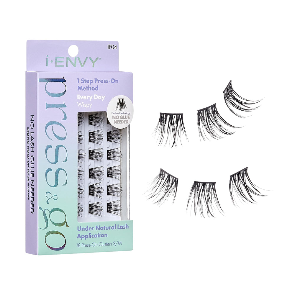 i-ENVY Press&Go lashes packaging highlights quick, glue-free wear for busy mornings.