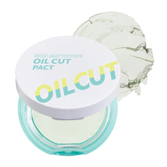 I'M MEME Oil Cut Pact compact demonstrating oil absorption for a soft matte finish.