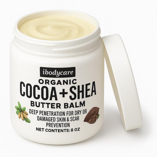 ibodycare Organic Raw Shea Butter Cocoa Butter Body Balm jar shows rich texture for deep hydration.