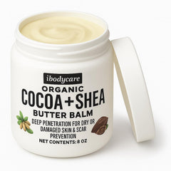 ibodycare Organic Raw Shea Butter Cocoa Butter Body Balm jar shows rich texture for deep hydration.