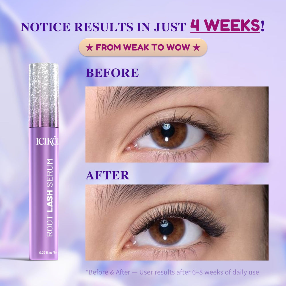 ICIKOL lash serum bottle close-up highlighting peptide-powered formula