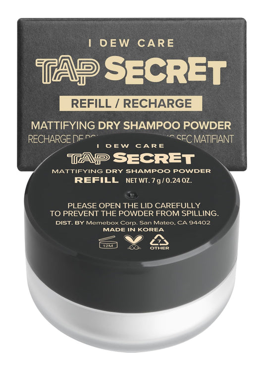 I DEW CARE Tap Secret dry shampoo tub closeup showing oil-absorbing powder