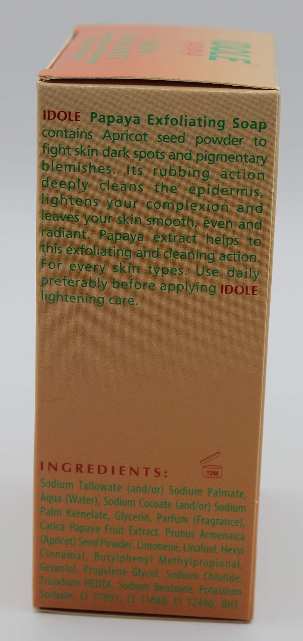 Idole Papaya Exfoliant Soap Pack of 3 wrapped pack on shelf for display