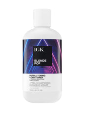 IGK Blonde Pop conditioner bottle with purple formula neutralizing brass and adding shine.
