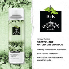 Application shot of IGK Direct Flight Dry Shampoo being applied to oily roots for lift.