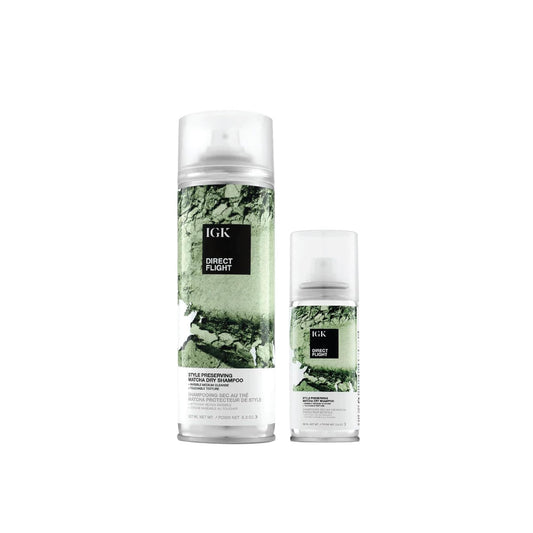 IGK Direct Flight Matcha Dry Shampoo full-size bottle ready for use, oil absorption and volume boost.