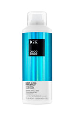IGK Disco Disco clear gloss spray bottle showing a glassy finish and shine