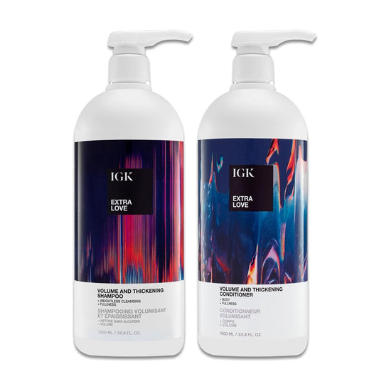 IGK Extra Love shampoo bottle close-up highlighting volume-boosting formula