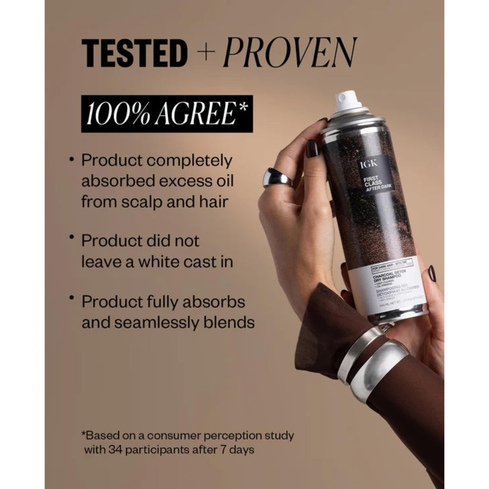 IGK First Class After Dark charcoal deep-cleanse highlights charcoal-powered cleansing action.