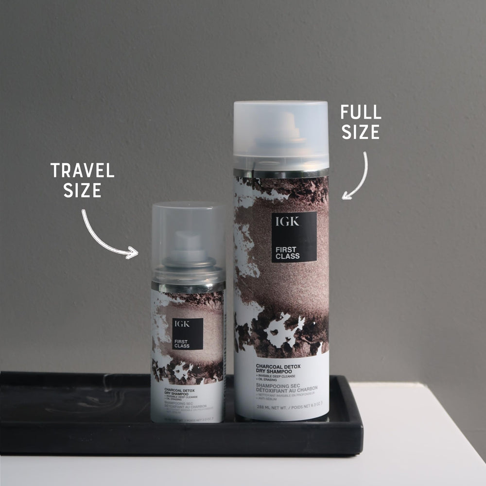 IGK First Class Charcoal Detox Dry Shampoo bottle top view for quick refresh.