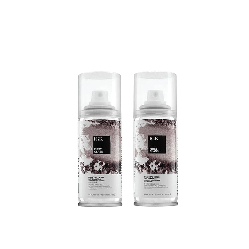 IGK First Class Charcoal Detox Dry Shampoo travel twin pack bottle for on-the-go freshness.