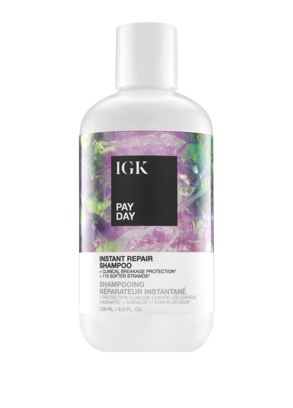 IGK Pay Day Shampoo bottle front view highlights vegan silk protection.