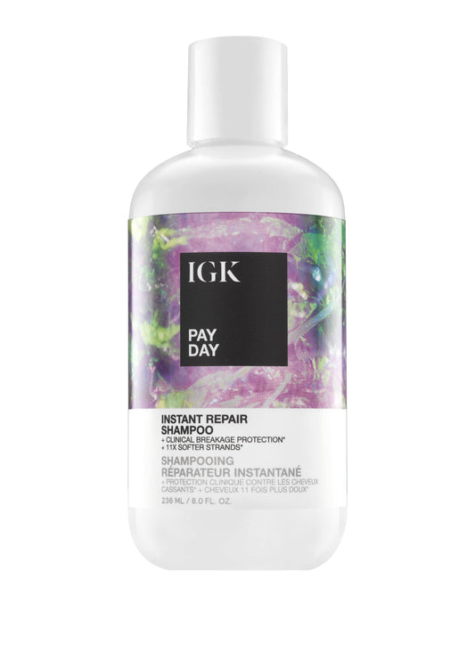 IGK Pay Day Shampoo bottle front view highlights vegan silk protection.