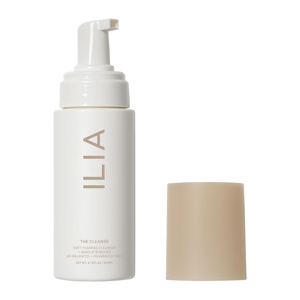 ILIA Cleanse soft foaming cleanser bottle, showcasing a gentle daily cleansing routine.