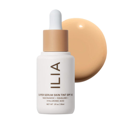 ILIA Super Serum Skin Tint SPF 40 bottle with dewy finish for daily wear.