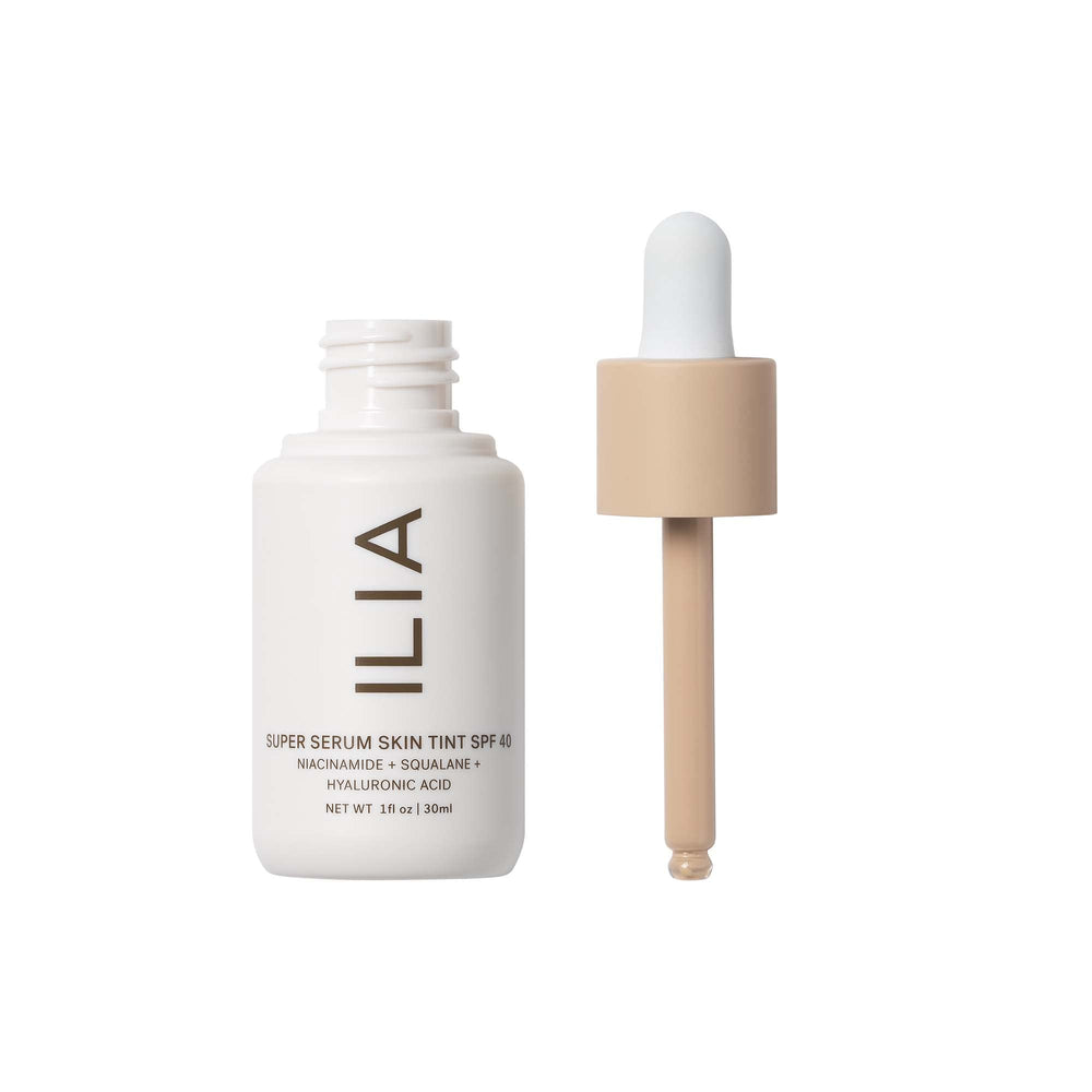 ILIA Super Serum Skin Tint SPF 40 swatches reveal natural color and even tone.