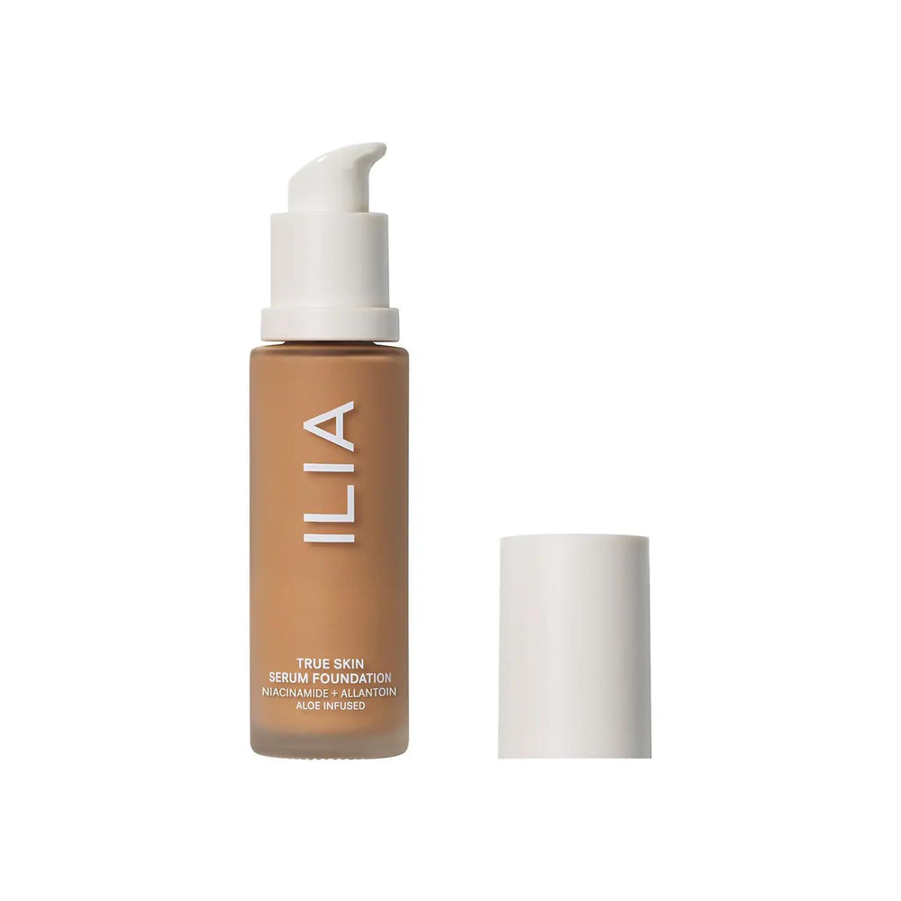ILIA True Skin Serum Foundation bottle close-up showing weightless, skin-like finish
