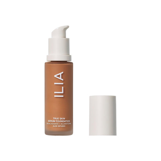 ILIA True Skin Serum Foundation bottle close-up with recyclable packaging and clean finish.