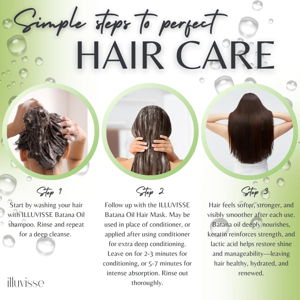ILLUVISSE Batana Oil Hair Mask ingredients bottle emphasizing natural oils and keratin