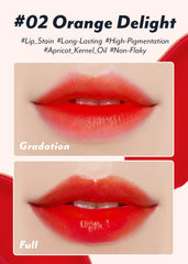 IM MEME Orange Delight lip tint with apricot kernel oil for smooth lips.
