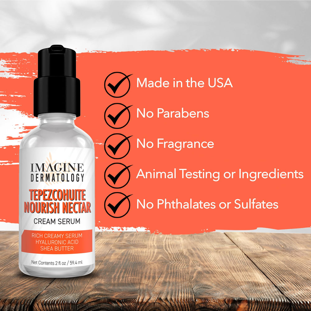 ImagineDerm Tepezcohuite Nourish Nectar ingredients panel highlights hyaluronic acid and shea butter benefits.