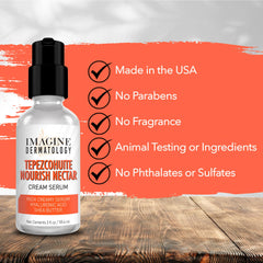 ImagineDerm Tepezcohuite Nourish Nectar ingredients panel highlights hyaluronic acid and shea butter benefits.