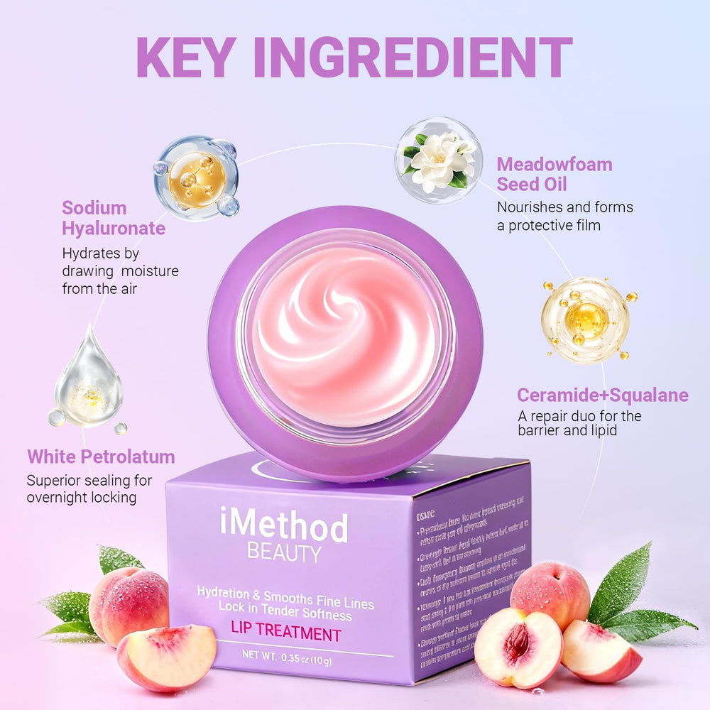 iMethod peach lip mask beside peaches suggests pleasant scent for routine