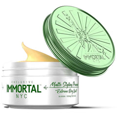 Immortal NYC Matte Styling Extreme Dry Look Pomade bottle demonstrates strong hold with a matte finish.