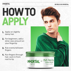 Immortal NYC Matte Styling Extreme Dry Look Pomade fragrance bottle suggests day-long freshness.