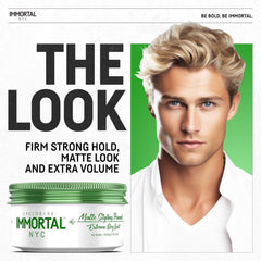 Immortal NYC Matte Styling Extreme Dry Look Pomade in hands shows textured hold for trendy styles.