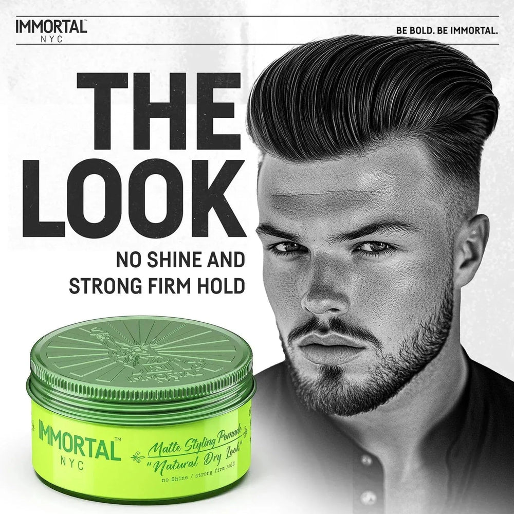Styled hair with Immortal NYC Natural Dry Look Wax showcasing matte finish and control.