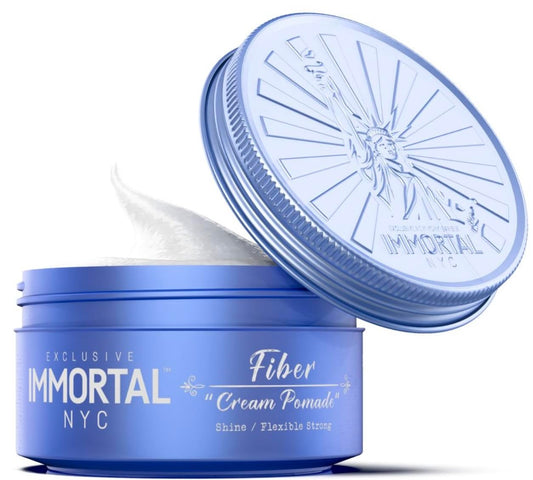Immortal NYC Fiber Cream Pomade bottle with easy wash and natural finish.