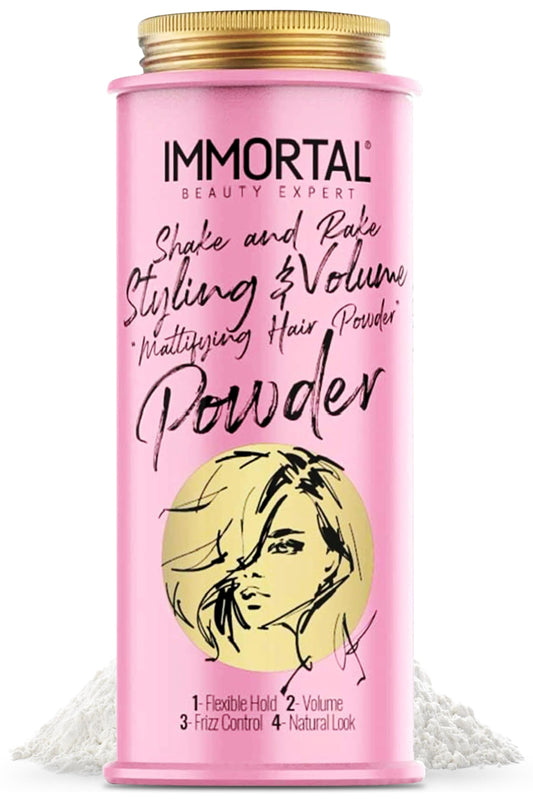 Immortal NYC Shake and Rake powder bottle for instant volume and natural matte finish.