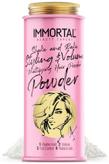 Immortal NYC Shake and Rake powder bottle for instant volume and natural matte finish.